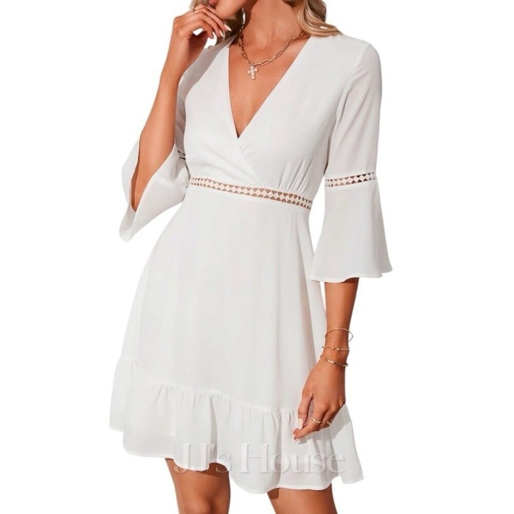 JJ'S HOUSE White V-Neck Bell Sleeve Crochet Trim Mini Dress
